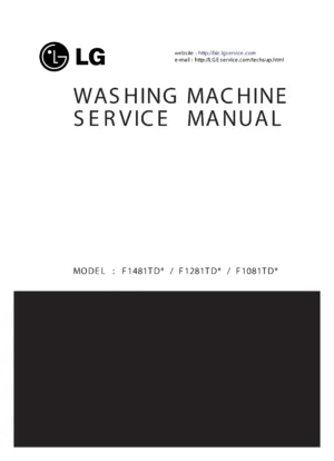 Lg f1081td5 service manual cover with LG logo, service website path, washer model codes and service caution notice