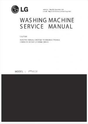 Lg f1088ld service manual cover with LG logo, service website path, washer model codes and service caution notice