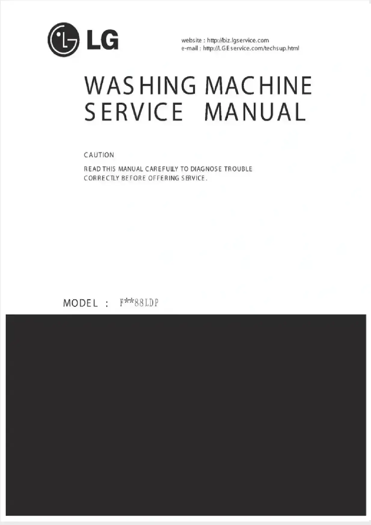 Lg f1088ld service manual cover with LG logo, service website path, washer model codes and service caution notice