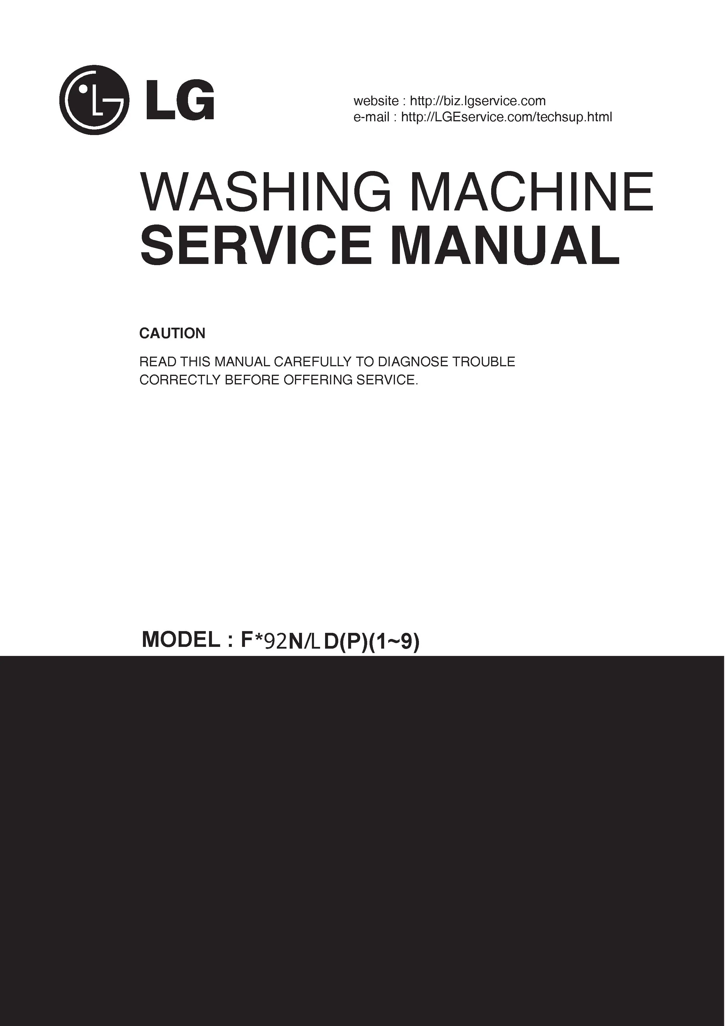 Lg f1096nd service manual cover with LG logo, service website path, washer model codes and service caution notice