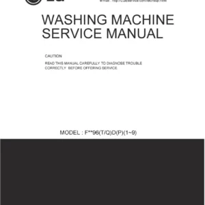 Lg f1096td3 service manual cover with LG logo, service website path, washer model codes and service caution notice