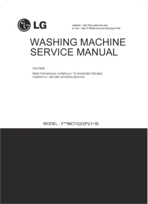 Lg f1096td3 service manual cover with LG logo, service website path, washer model codes and service caution notice
