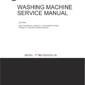 Lg f10b8qd service manual cover with LG logo, service website path, washer model codes and service caution notice