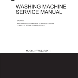 Lg f10b9qdw service manual cover with LG logo, service website path, washer model codes and service caution notice