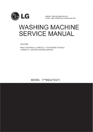 Lg f10b9qdw service manual cover with LG logo, service website path, washer model codes and service caution notice