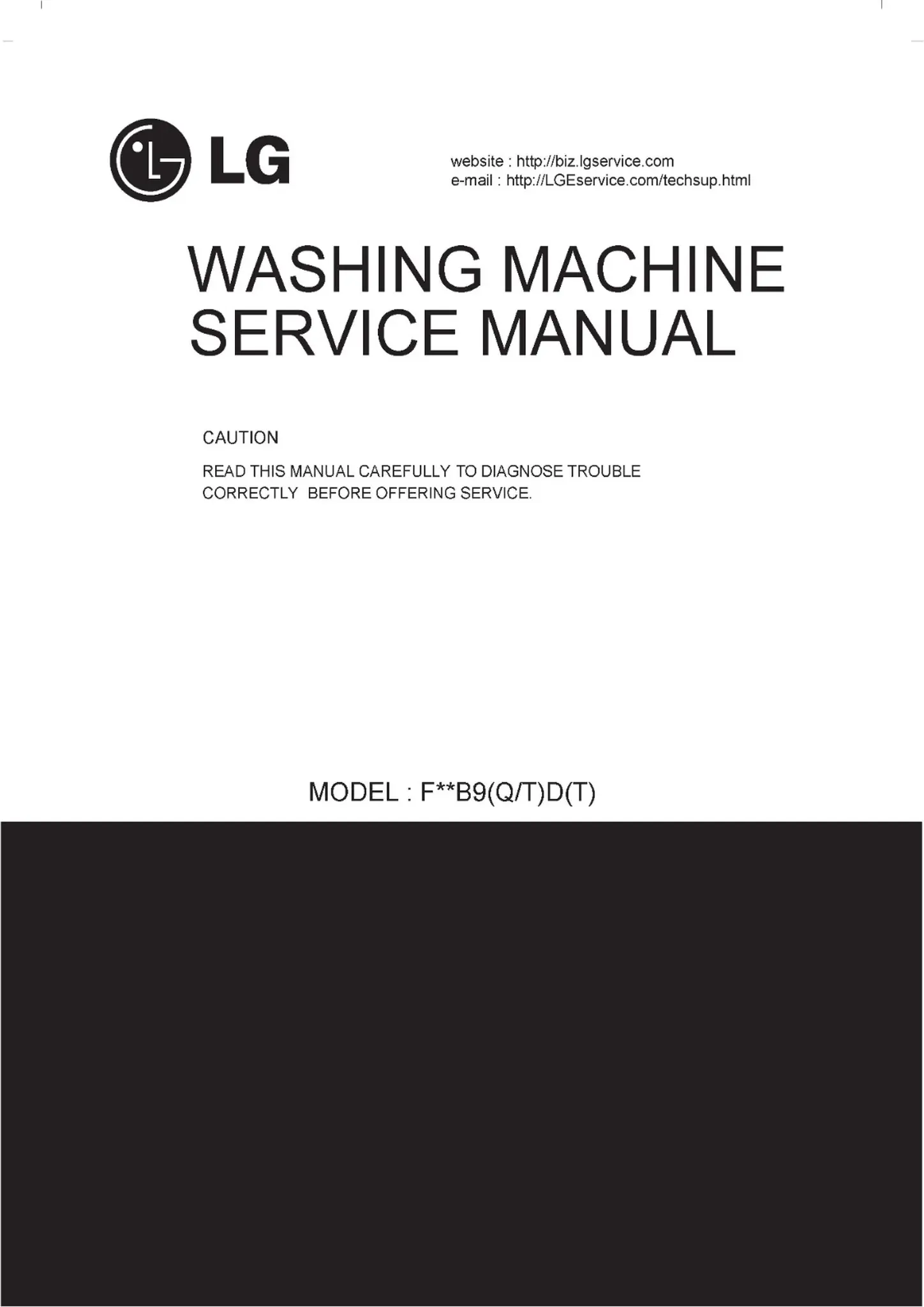 Lg f10b9qdw service manual cover with LG logo, service website path, washer model codes and service caution notice