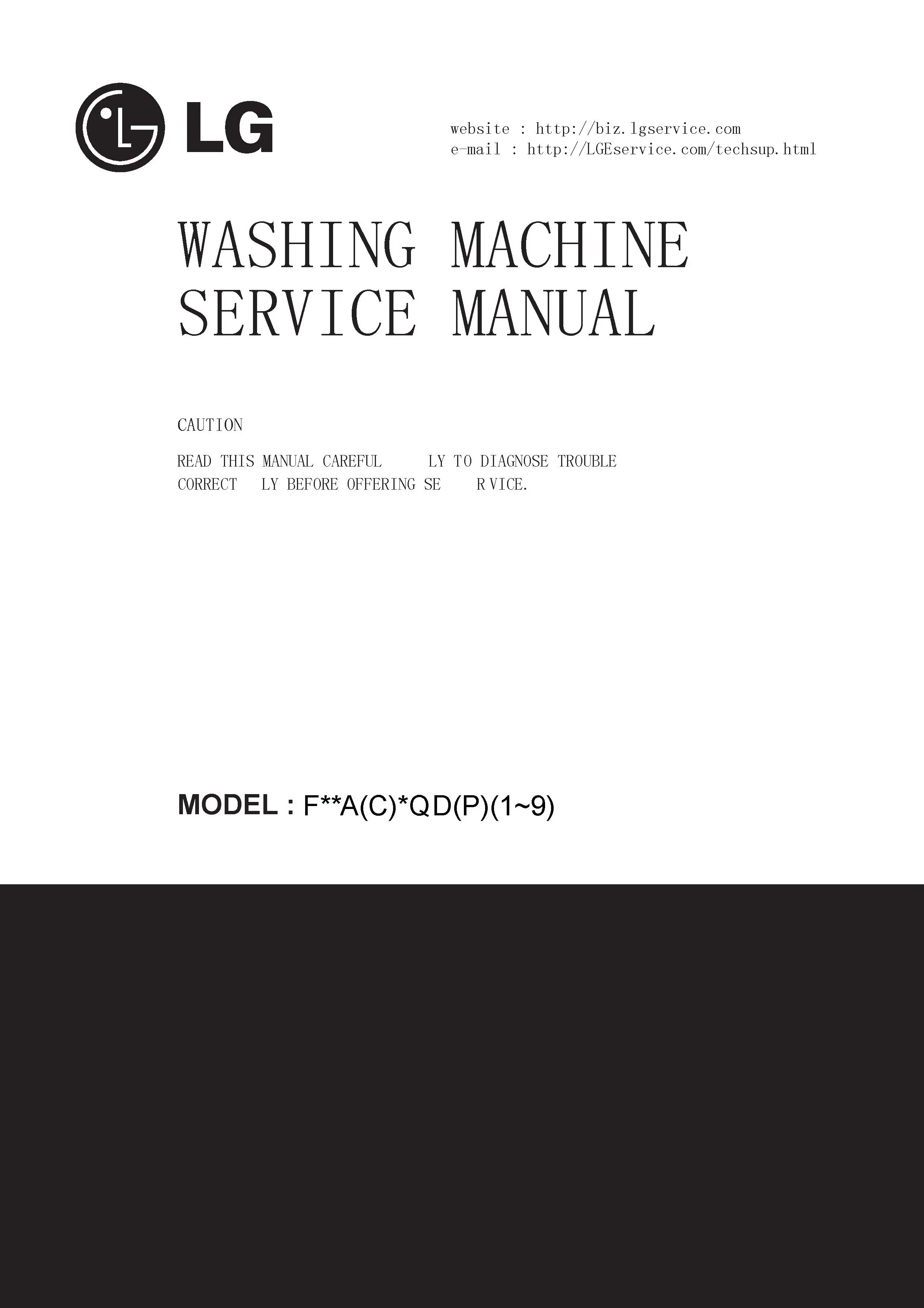 Lg f10c3qdp2 service manual cover with LG logo, service website path, washer model codes and service caution notice