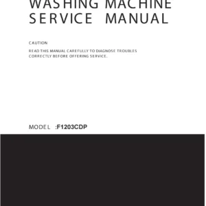 Lg f1203cdp service manual cover with LG logo, service website path, washer model codes and service caution notice