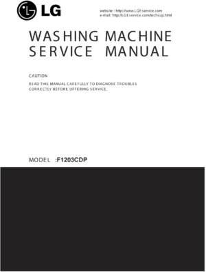 Lg f1203cdp service manual cover with LG logo, service website path, washer model codes and service caution notice