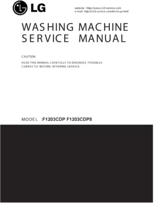 Lg f1203cdp5 f1203cdp service manual cover with LG logo, service website path, washer model codes and service caution notice