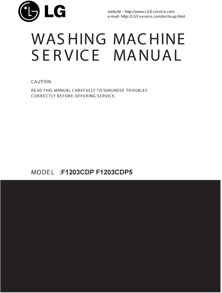 Lg f1203cdp5 f1203cdp service manual cover with LG logo, service website path, washer model codes and service caution notice