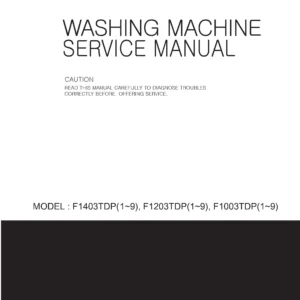 Lg f1203ndr service manual cover with LG logo, service website path, washer model codes and service caution notice