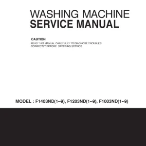 Lg f1203ndr5 service manual cover with LG logo, service website path, washer model codes and service caution notice