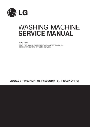 Lg f1203ndr5 service manual cover with LG logo, service website path, washer model codes and service caution notice