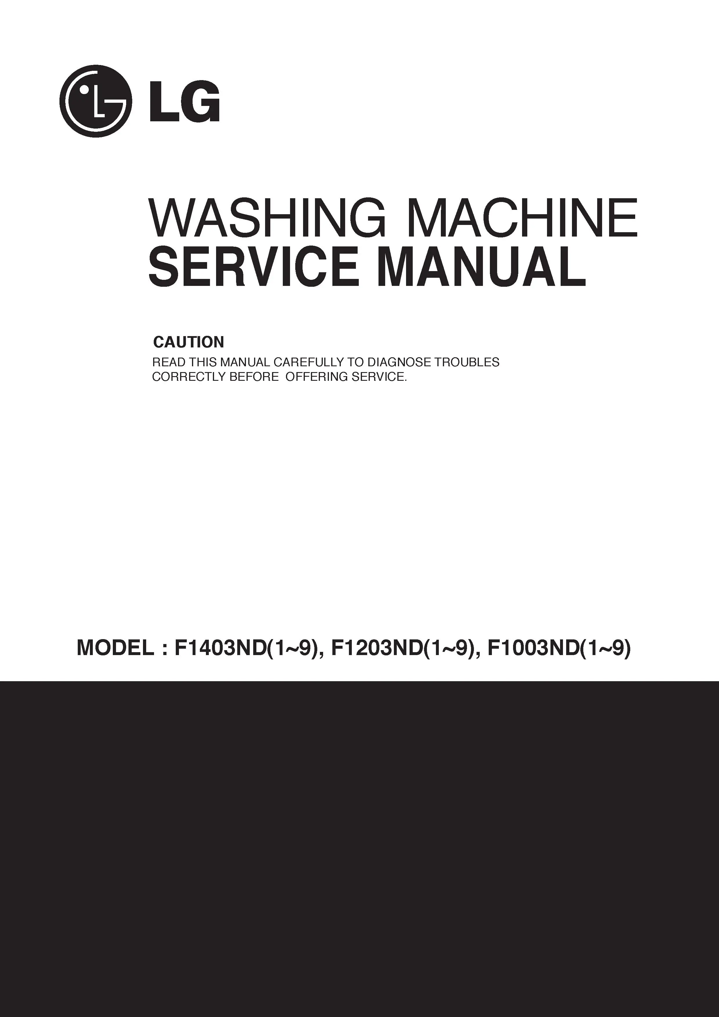 Lg f1203ndr5 service manual cover with LG logo, service website path, washer model codes and service caution notice