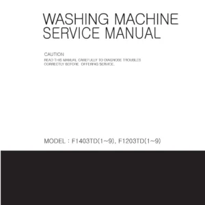 Lg f1203td service manual cover with LG logo, service website path, washer model codes and service caution notice