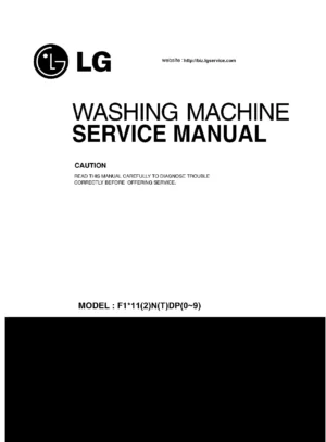 Lg f1212ndr service manual cover with LG logo, service website path, washer model codes and service caution notice