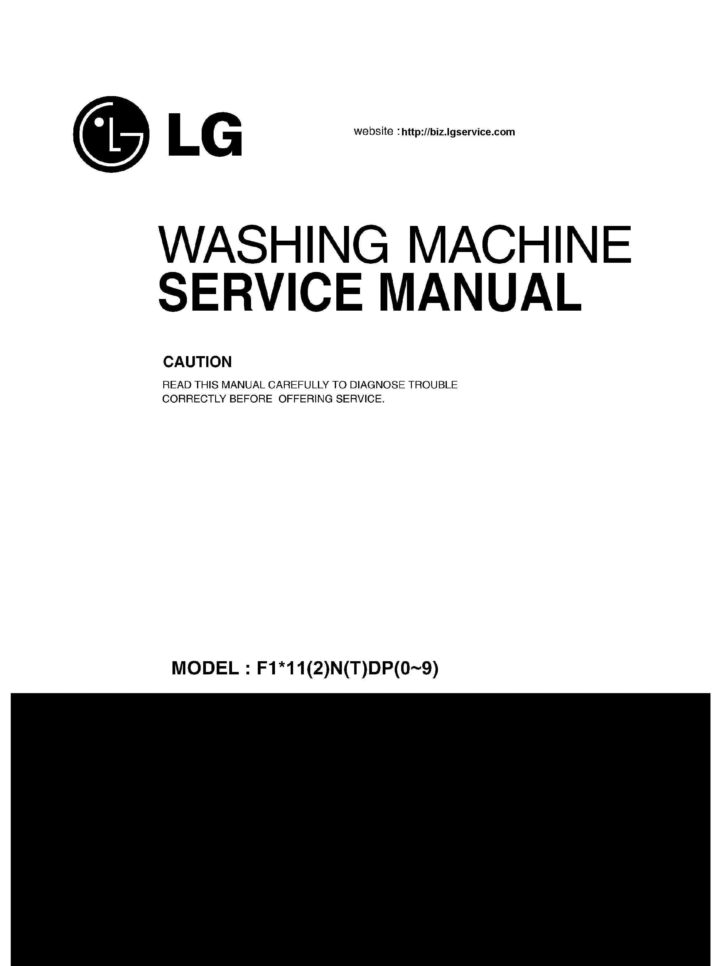 Lg f1212ndr service manual cover with LG logo, service website path, washer model codes and service caution notice
