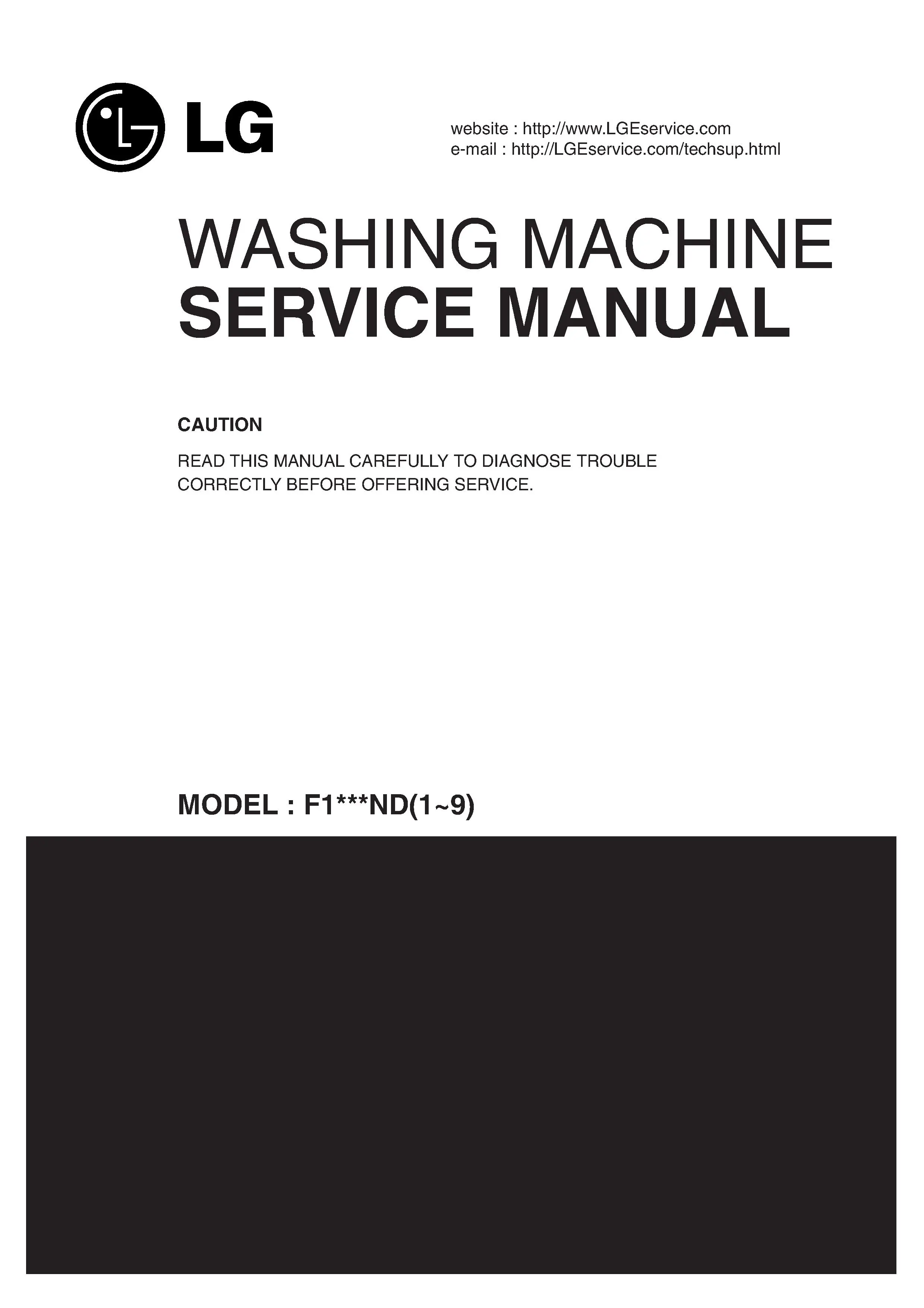 Lg f1220ndr service manual cover with LG logo, service website path, washer model codes and service caution notice