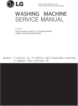 Lg f1222td2 service manual cover with LG logo, service website path, washer model codes and service caution notice