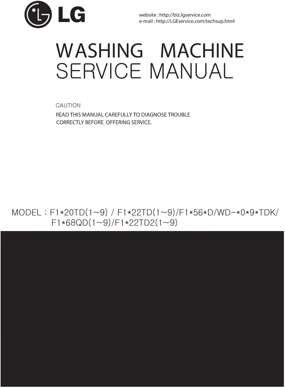 Lg f1222td25 service manual cover with LG logo, service website path, washer model codes and service caution notice