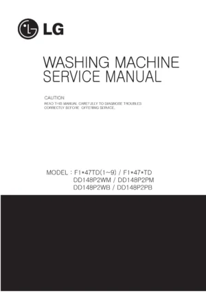 Lg f1247td5 service manual cover with LG logo, service website path, washer model codes and service caution notice