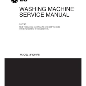 Lg f1255fd service manual cover with LG logo, service website path, washer model codes and service caution notice