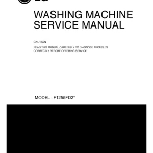 Lg f1255fd27 service manual cover with LG logo, service website path, washer model codes and service caution notice