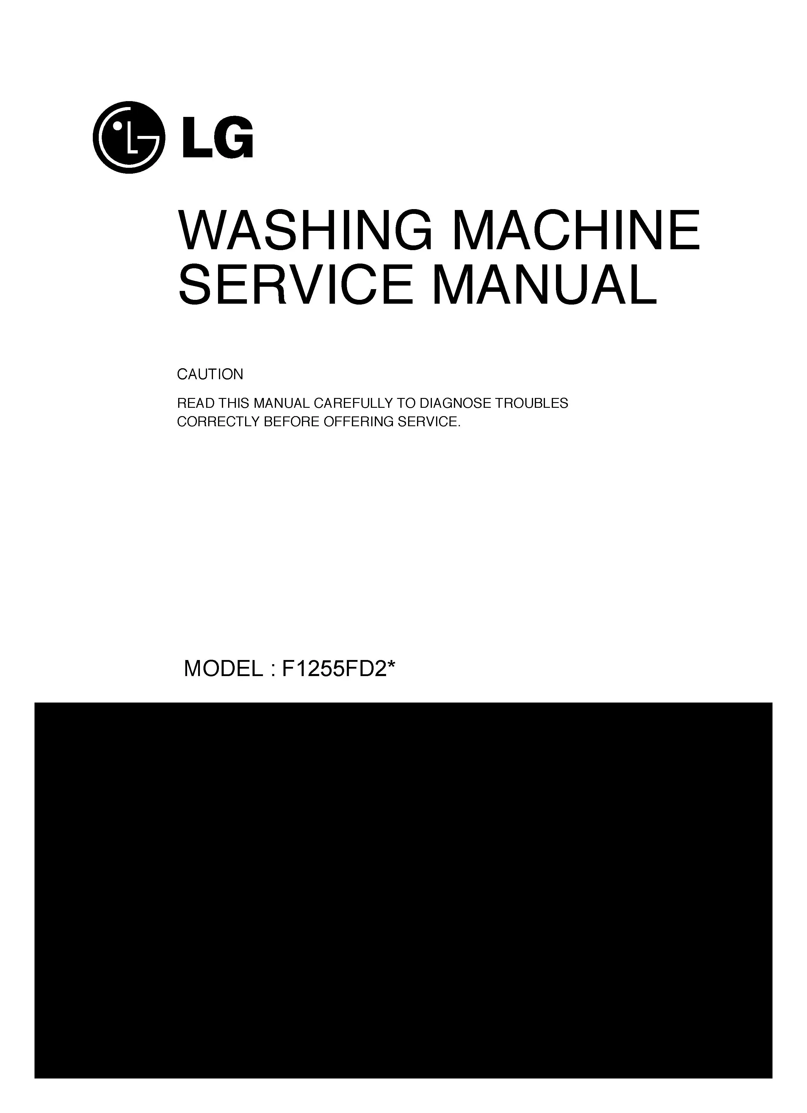 Lg f1255fd27 service manual cover with LG logo, service website path, washer model codes and service caution notice