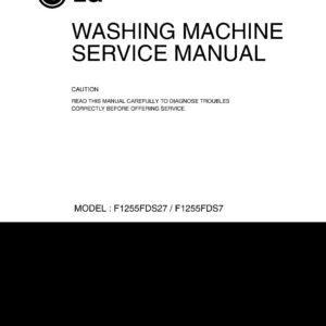 Lg f1255fds27 service manual cover with LG logo, service website path, washer model codes and service caution notice