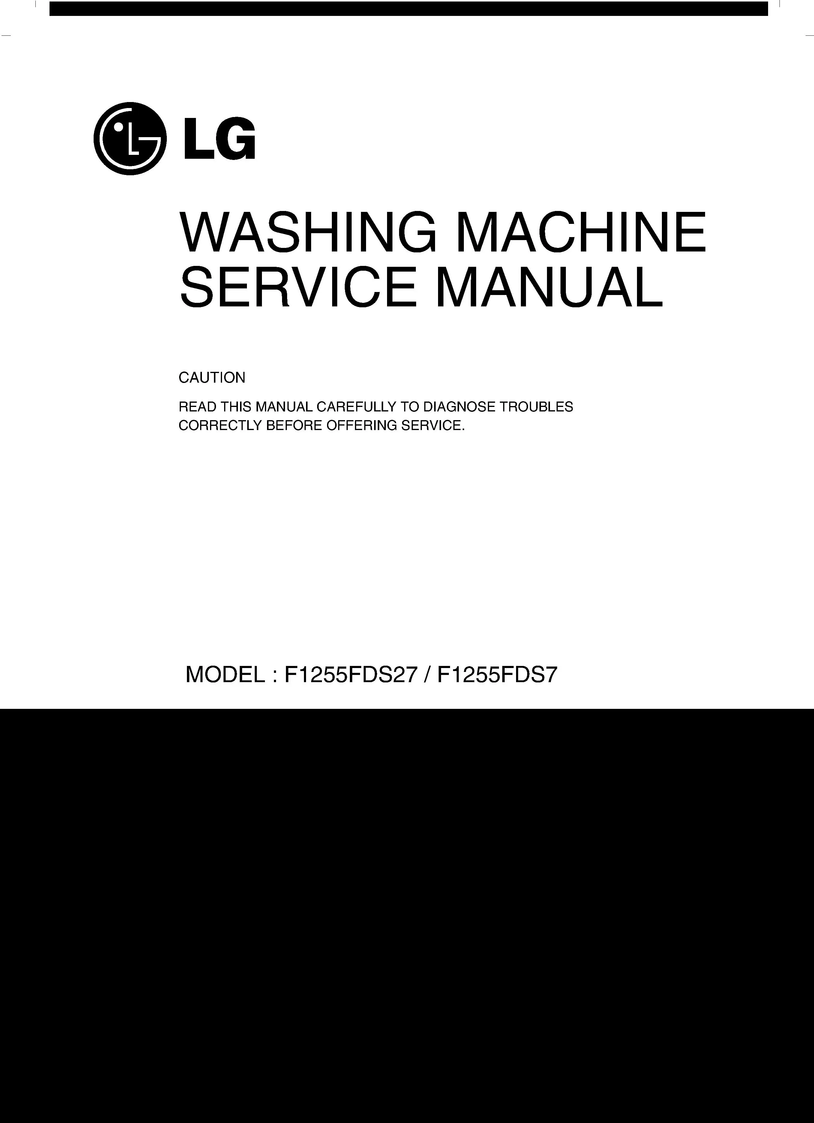 Lg f1255fds27 service manual cover with LG logo, service website path, washer model codes and service caution notice