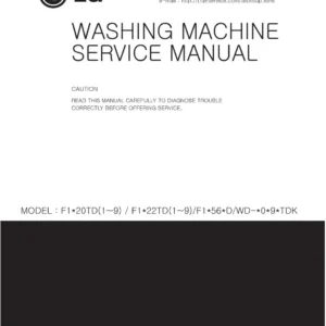 Lg f1256qd service manual cover with LG logo, service website path, washer model codes and service caution notice