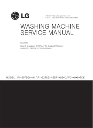 Lg f1256qd service manual cover with LG logo, service website path, washer model codes and service caution notice