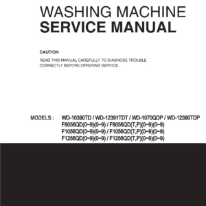 Lg f1256qd5 service manual cover with LG logo, service website path, washer model codes and service caution notice