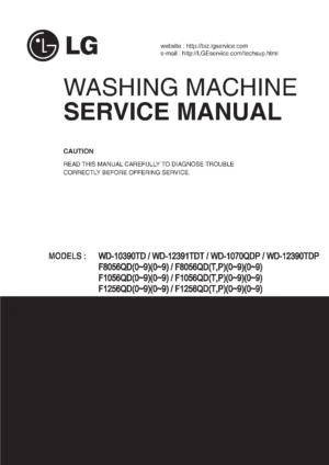 Lg f1256qd5 service manual cover with LG logo, service website path, washer model codes and service caution notice