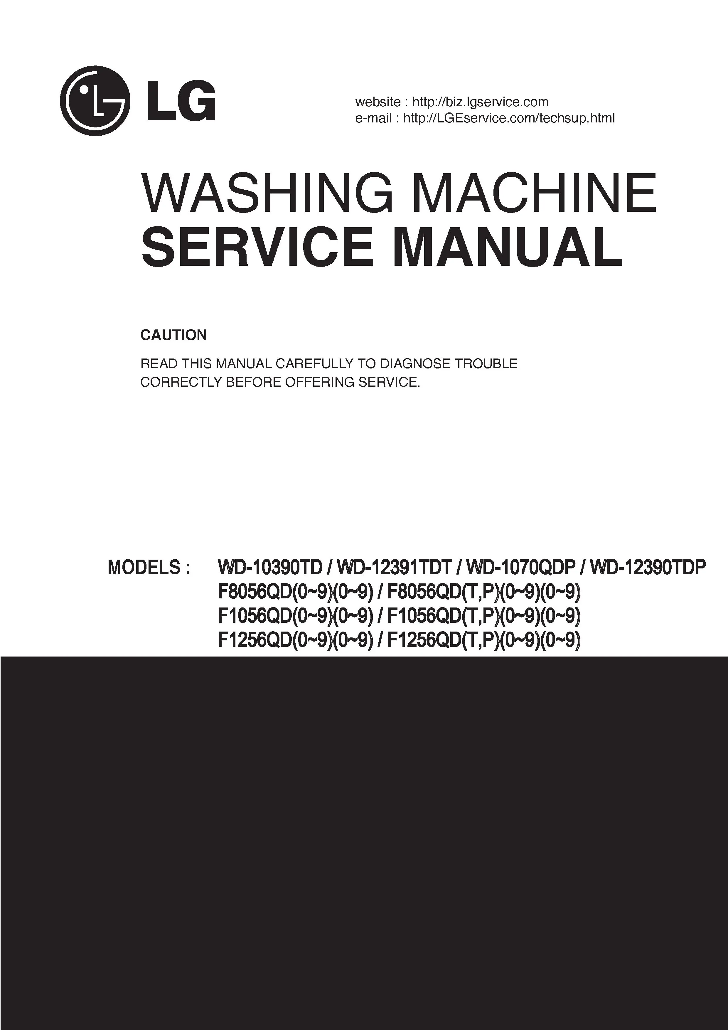 Lg f1256qd5 service manual cover with LG logo, service website path, washer model codes and service caution notice