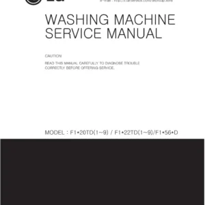 Lg f1256qdp5 service manual cover with LG logo, service website path, washer model codes and service caution notice