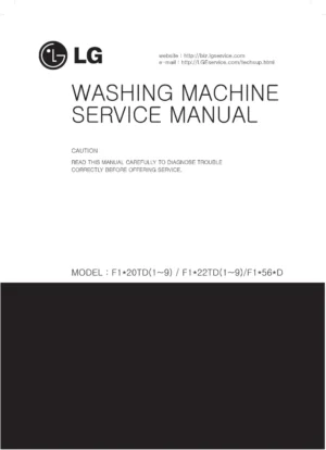Lg f1256qdp5 service manual cover with LG logo, service website path, washer model codes and service caution notice