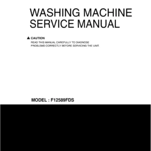 Lg f12589fds service manual cover with LG logo, service website path, washer model codes and service caution notice
