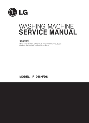 Lg f12684fds service manual cover with LG logo, service website path, washer model codes and service caution notice