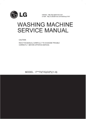 Lg f1273nd5 service manual cover with LG logo, service website path, washer model codes and service caution notice