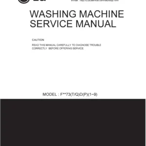 Lg f1273tdp service manual cover with LG logo, service website path, washer model codes and service caution notice