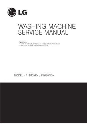Lg f1280nd5 service manual cover with LG logo, service website path, washer model codes and service caution notice