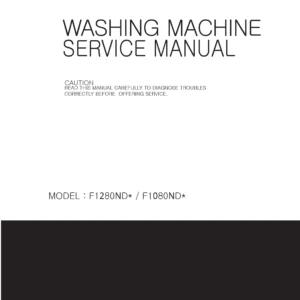 Lg f1280ndp25 service manual cover with LG logo, service website path, washer model codes and service caution notice