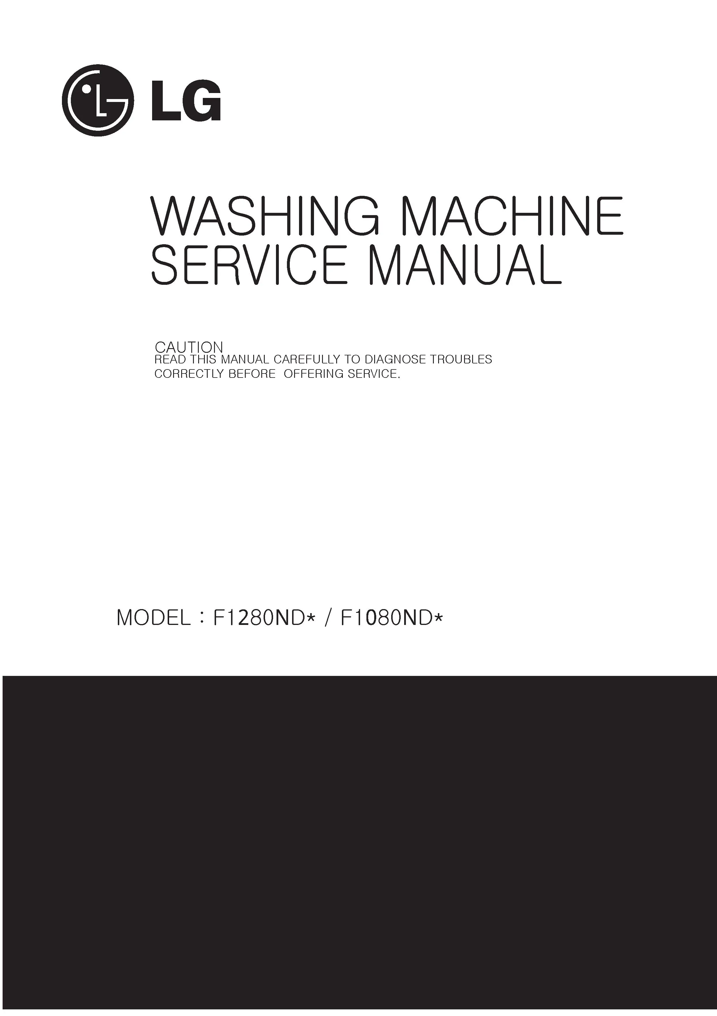 Lg f1280ndp25 service manual cover with LG logo, service website path, washer model codes and service caution notice