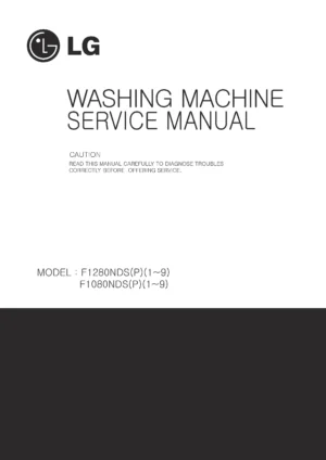 Lg f1280nds service manual cover with LG logo, service website path, washer model codes and service caution notice