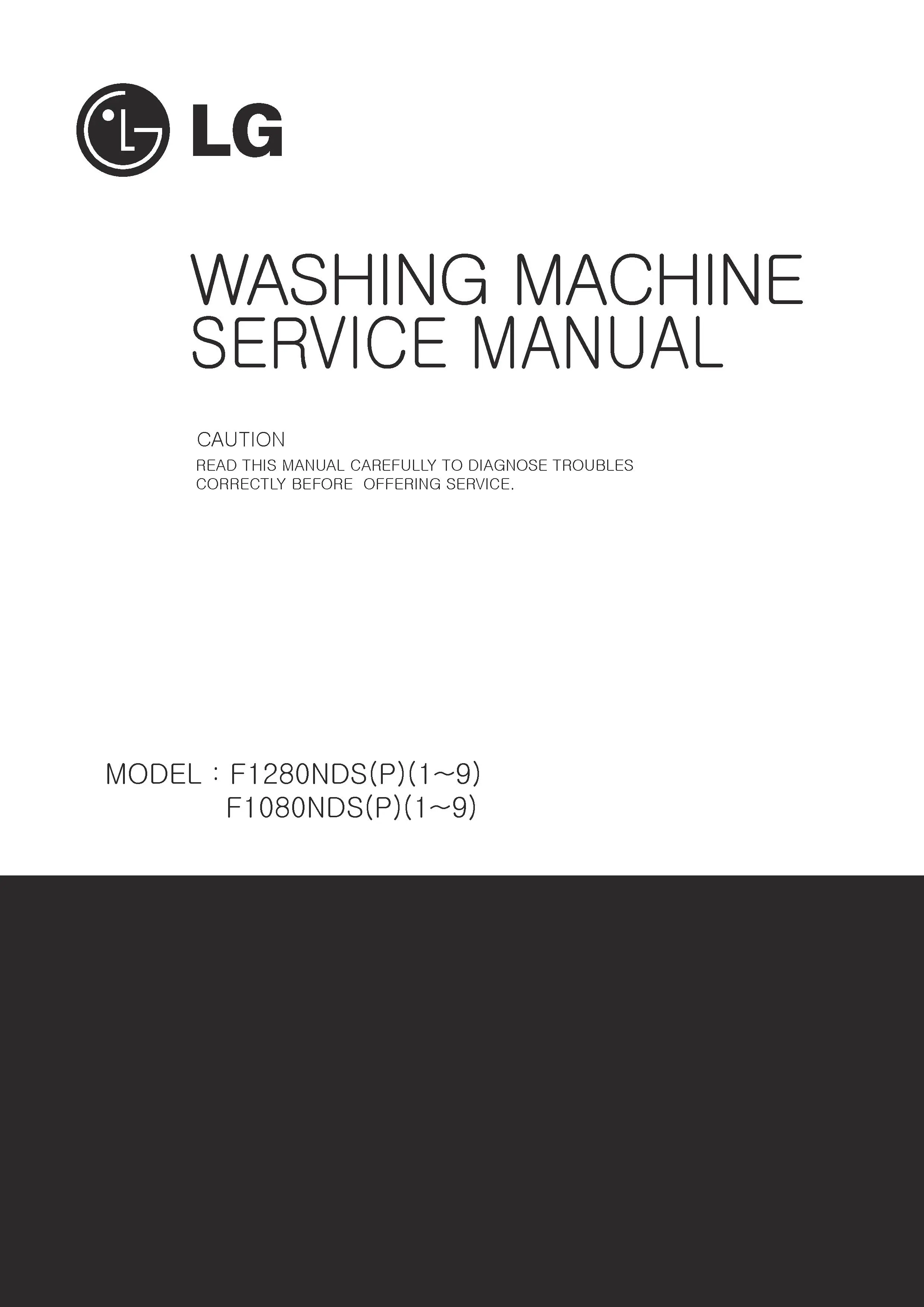 Lg f1280nds service manual cover with LG logo, service website path, washer model codes and service caution notice