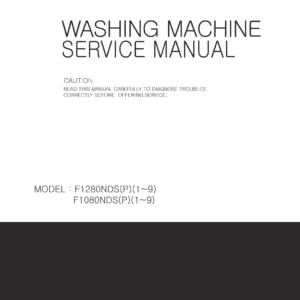 Lg f1280nds5 service manual cover with LG logo, service website path, washer model codes and service caution notice