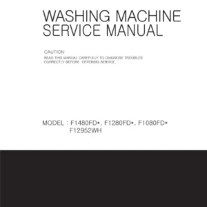 Lg f1280tds service manual cover with LG logo, service website path, washer model codes and service caution notice