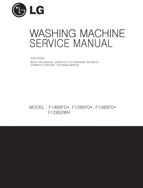 Lg f1280tds service manual cover with LG logo, service website path, washer model codes and service caution notice